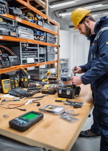 a person wearing a white suit and blue gloves