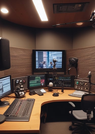 A dimly lit sound studio with an audio mixing console, a computer screen displaying audio tracks, and a speaker in the background. The scene has a warm, focused ambiance with a person partially visible, likely working on audio production.