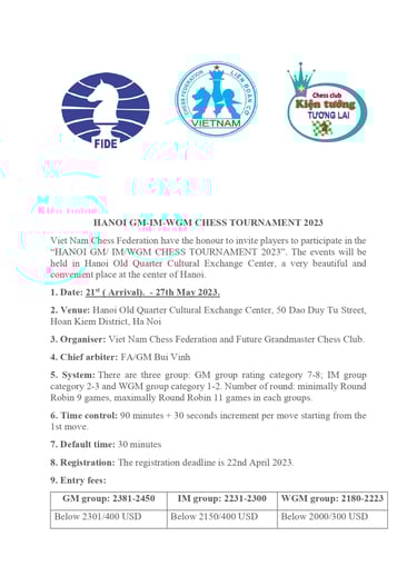 Hanoi GM-IM-WGM Chess Tournament 2023. Chess Club Kien Tuong Tuong Lai Vietnam. Vietnam Chess