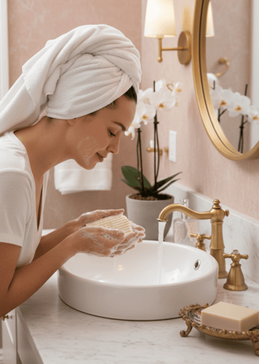 image of lady washing her face with talow soap