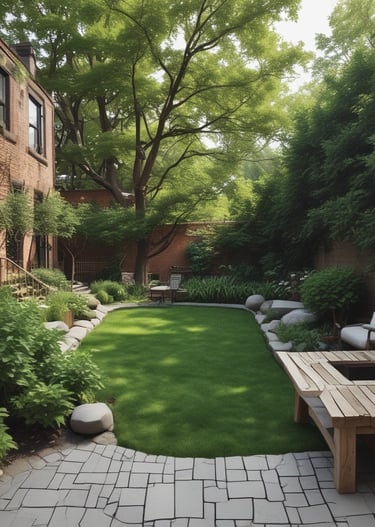 A garden landscape featuring various trees and shrubs, with a residential area in the background. Several houses with red-tiled roofs are visible, along with a large green space, well-tended gardens, and a variety of trees and plants.