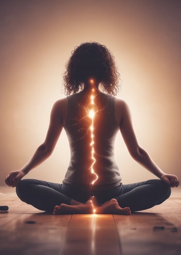 a woman sitting in a lotus position with a lightning bolt on spine