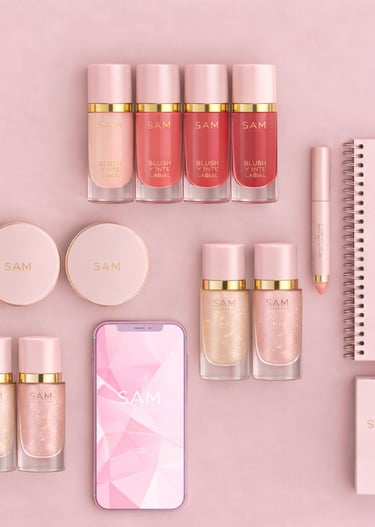 Flat lay de maquillaje SAM en tonos rosa, con brochas y libreta sobre fondo suave.
