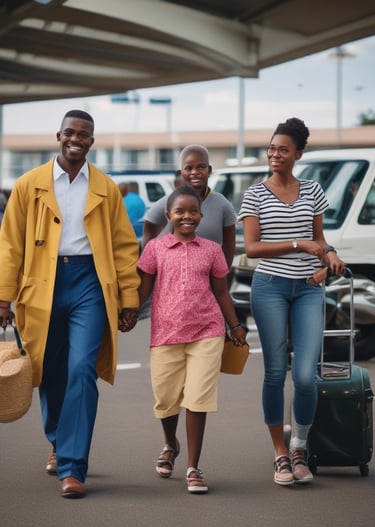 A colorful tour van with multiple inflated boats secured on the roof travels on a rural road. Lush green vegetation and banana plants line the side of the road. A tanker truck is parked in front of a brick structure near the road.