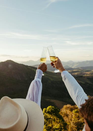 Travelers celebrating with champagne toast on a mountain