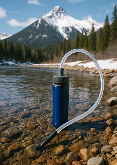 Portable water filter with intake hose in clear mountain stream