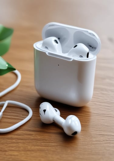 Two white wireless earbuds are placed on a dark, textured surface. They are positioned next to each other, showcasing their ergonomic design.