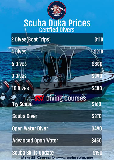 Scuba Duka price list for certified diving packages and SSI diving courses at Diani Beach, Kenya.