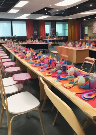 A vibrant glitter bar setup with colorful sparkles and happy guests applying glitter.