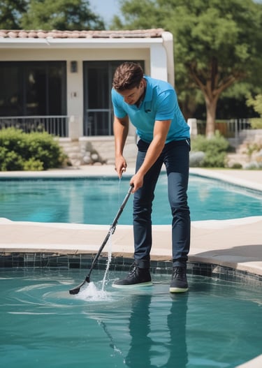 Two people are beside a swimming pool, one of whom is using a cleaning tool with a long handle to clean the pool. The environment includes a diving board, tiled floor, and a red brick wall. A garden area with a tree is visible in the background.