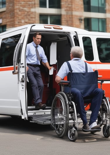 An empty section of public transport with a visible wheelchair accessibility sign on the wall. The interior has gray flooring, a railing painted in yellow, and a window showing an urban backdrop with tall apartment buildings. A piece of paper lies on the floor.