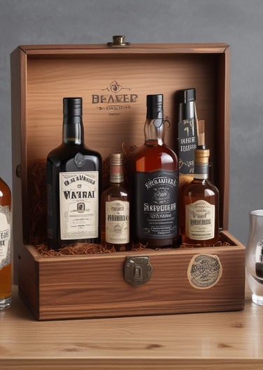 A collection of thoughtful gifts for men displayed on a rustic wooden table.