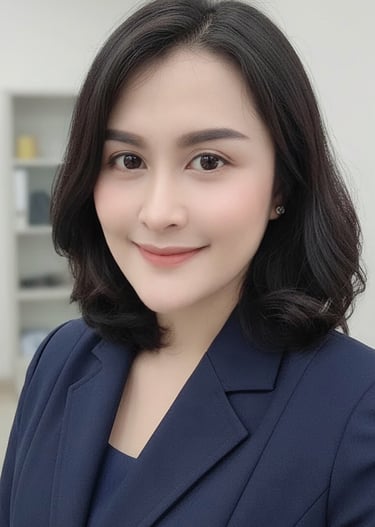 Professional portrait of a smiling woman with dark bob hair wearing a navy blue business suit.