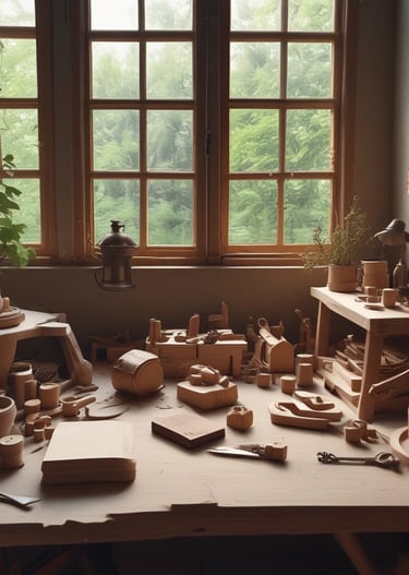 A cozy workspace filled with laser-cut wooden pieces and tools.