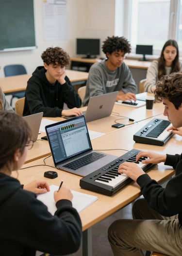 An artist guiding children in a colorful mural painting session in a school setting.