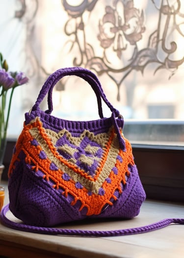 Bolso de mano de ganchillo hecho a mano, de color morado y naranja, sobre el alféizar de una ventana