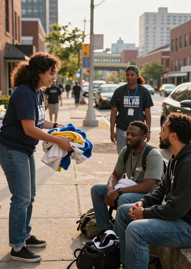 Community volunteers handing out folded clothing donations to people on a city sidewalk.