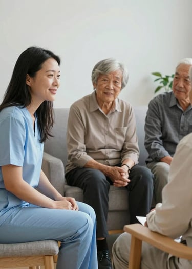 Caregiver gently assisting an elderly resident with a smile in a bright kitchen.