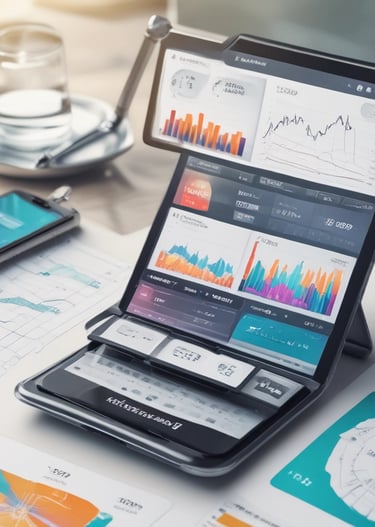 Close-up of hands typing on a sleek laptop with financial charts on screen.