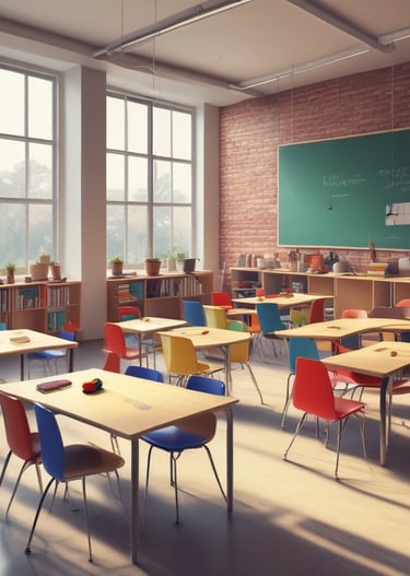 A cozy classroom setting with engaged students and a friendly teacher.