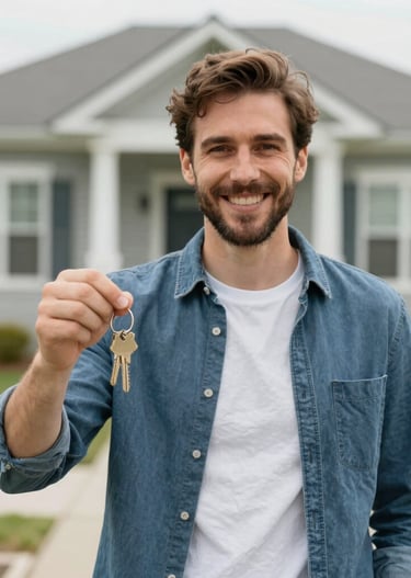 A mortgage broker warmly shaking hands with a first-time homebuyer outside a new house.