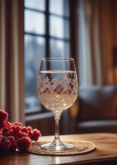 Crystal vases and glasses elegantly displayed on a wooden table with soft lighting.