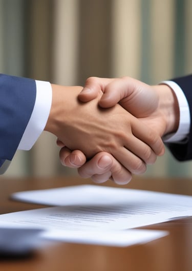 Close-up of hands shaking over a signed equipment finance agreement.