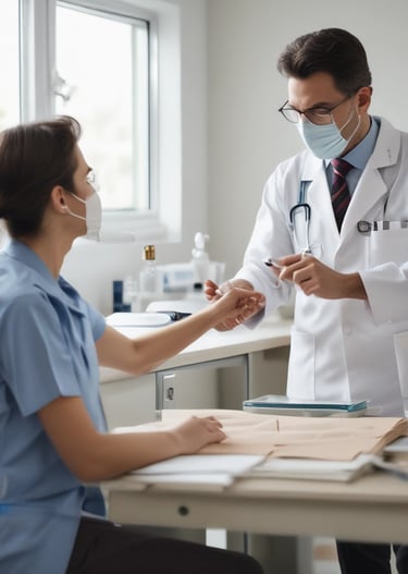 Dr. Ali Selçuk consulting with a patient in a bright, modern medical office.