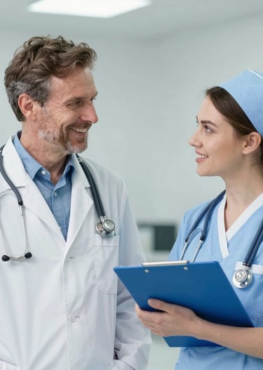 A group of diverse healthcare professionals chatting and sharing ideas in a modern clinic.