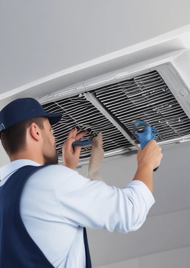 Technician carefully inspecting and cleaning an air duct system in a modern home.