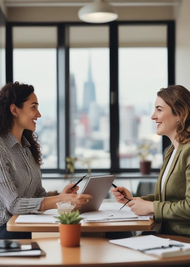 Two women collaborating over digital strategy plans with notes and laptops on a wooden table.