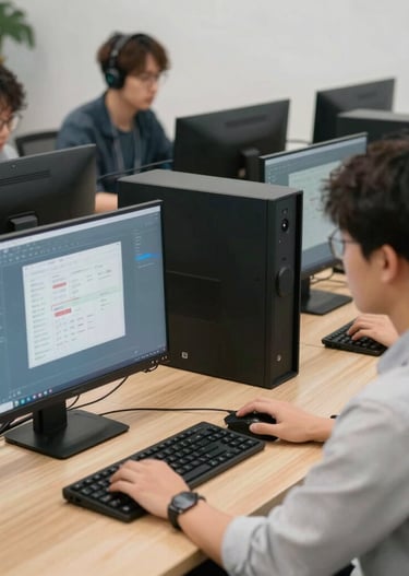 Close-up of hands scanning IT assets with a barcode scanner for efficient tracking.