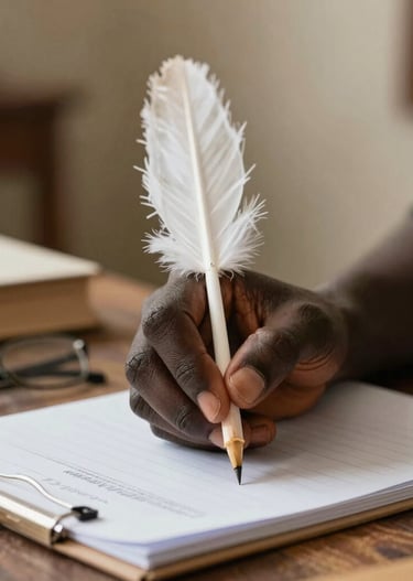 Close-up of the author's hands writing in a vintage notebook.