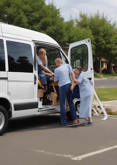 A professional driver assisting a patient into a transport van.