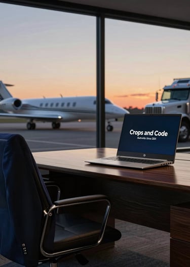 Portrait of Zoe Amber Ries working on a laptop in a rustic office surrounded by agricultural tools.