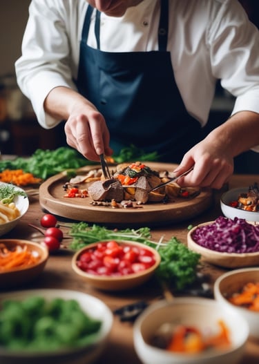 Close-up of hands carefully plating a vibrant, artful dish.