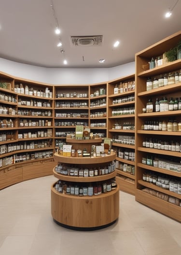 Close-up of natural products like teas, essential oils, and honey jars on display.