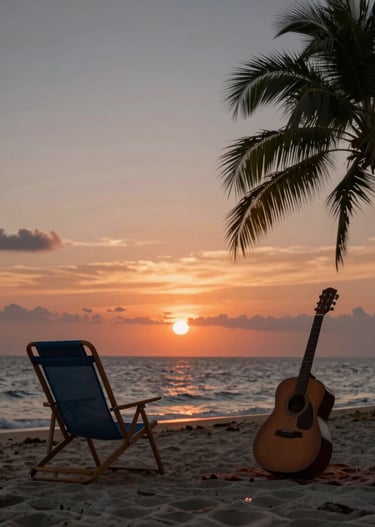 Vibrant photography of a tropical beach sunset in a North American / US coastal region, a lone beach chair and a guitar, warm invitation, copper and charcoal gray highlights.