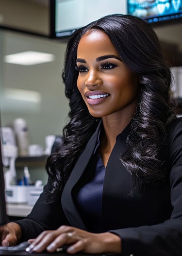 Professional happy dental office manager working on a computer in a modern office setting.