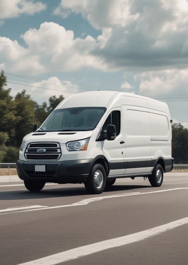 A dry van truck driving along a highway with Florida’s landscape in the background under a clear blue sky.