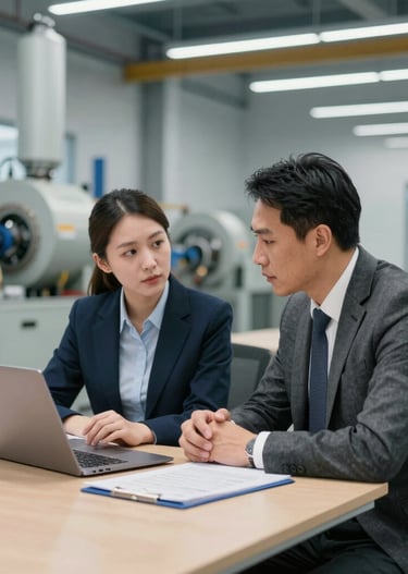 A professional consultant discussing machinery options with a client in a bright office.
