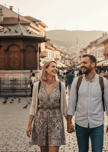 a man and woman holding hands and walking in Sarajevo, Bosnia