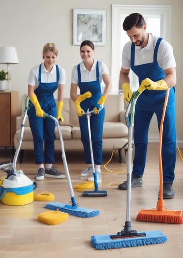 A sparkling clean office space with polished desks and shining floors.