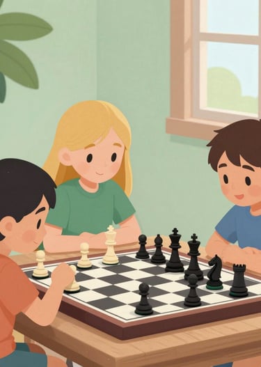 An animated illustration of a chessboard with kids' avatars making moves in a digital game.