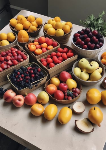 Freshly picked fruits arranged on a wooden table with natural light highlighting their vibrant colors.