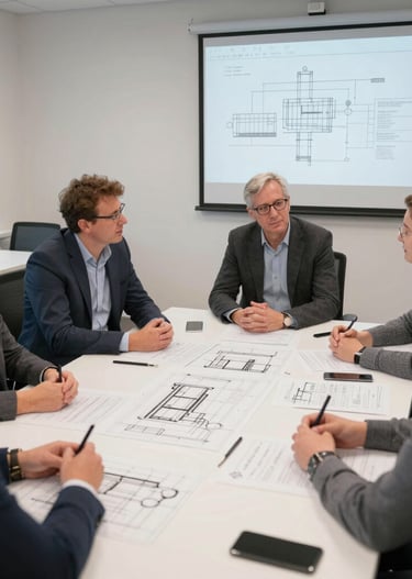 Close-up of detailed technical drawings and blueprints on a desk with a pencil.