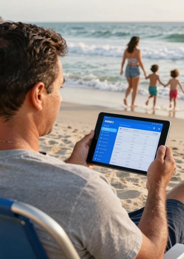 Close-up of a fitness instructor checking member data on a tablet with scm fit software.