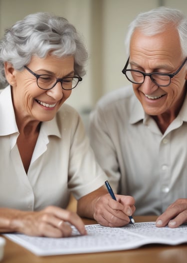 Children and seniors happily engaging with illustrated books and puzzles.