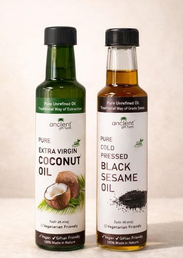 extra virgin coconut oil cold pressed black sesame oil Ancient Gift Farm