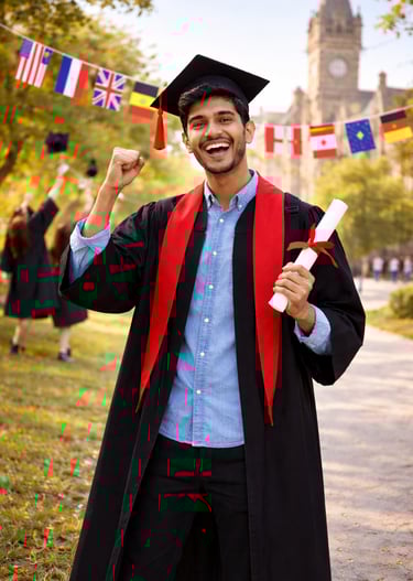 an Indian student celebrating success after graduating from a foreign university